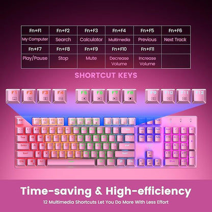 RisoPhy Mechanical Gaming Keyboard, RGB 104-Key Ultra-Slim Backlit USB Wired Keyboard with Blue Switch, Durable ABS Keycap/Anti-Ghosting/Spill-Resistant for PC, Mac, Xbox Gaming, Pink