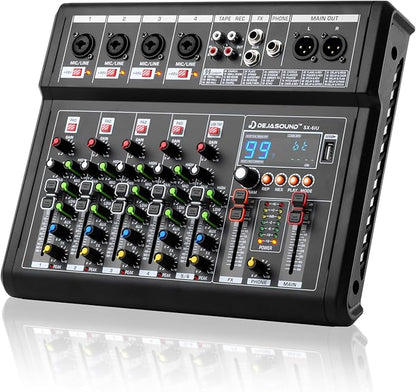 6-Channel Audio Mixer for PC, SX-6iu Mixing Console with XLR Inputs, Bluetooth, 99 Digital Signal Processor Effects, USB Interface, MP3 Compatible for Podcast, Music, Recording 9.84"x2.17"x12.6"inches