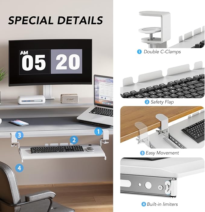 AX WABER Keyboard Tray Under Desk Pull Out with Extra Sturdy C Clamp Mount System, 27.3 (32.5 inch Including Clamps) x 11 Inch Slide-Out Platform Computer Drawer for Typing White AX01WW01