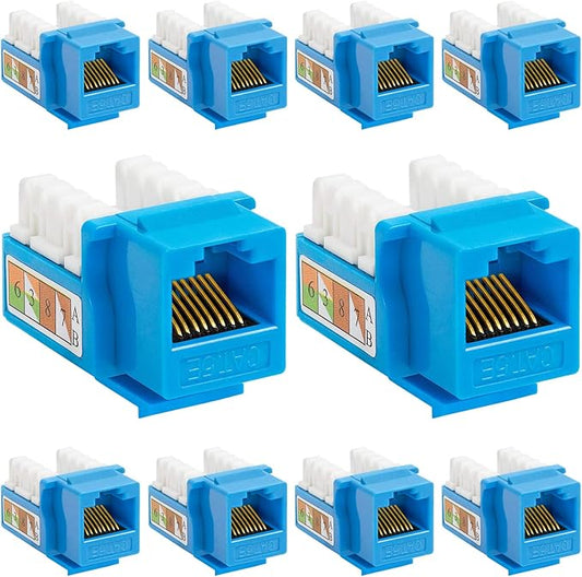 Cmple - Cat5 Keystone Jack 10-Pack 1Gbps RJ45 Keystone Jack 90° Degree Punch Down for RJ45 Connectors, Patch Panel and Wall Plate in Blue