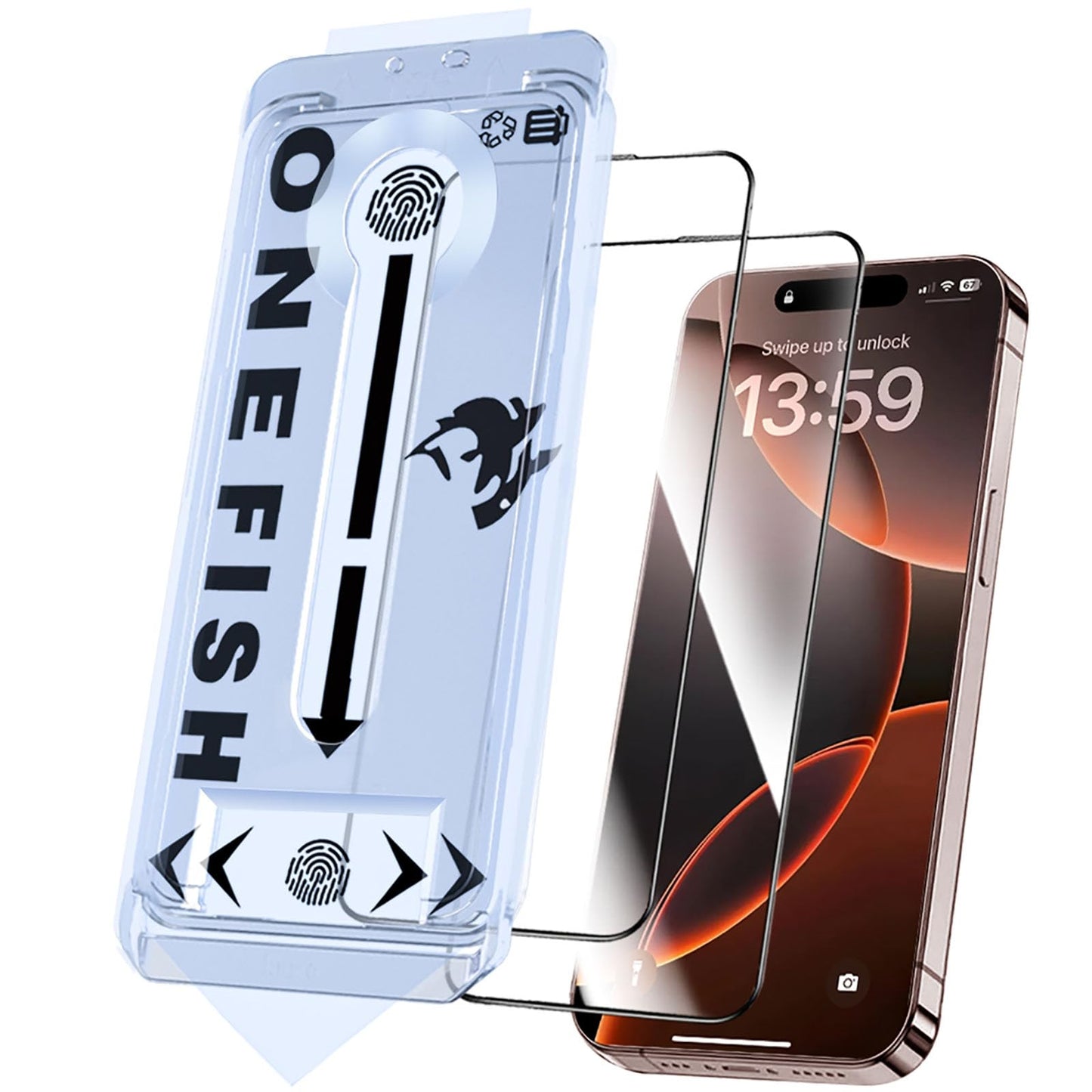OneFish Glass Screen Protector for iphone 15 Pro, 9H Hardness Glass Scratch Resistant, HD Clarity Tempered Film with Installation Frame, Bubble Free, Easy Installation, 2Pack.