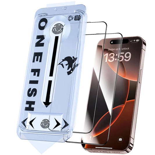 OneFish Screen Protector for iphone 15 Pro Max, 9H Hardness Glass Scratch Resistant,HD Clarity Tempered Glass Film with Installation Frame,Bubble Free, Easy Installation,2Pack.