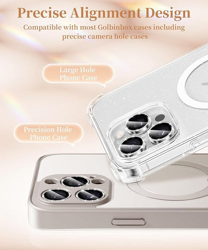 GolbinBox Camera Lens Protector for iPhone 16 Pro Max/16 Pro, 1:1 Invisible Fit, 9H Tempered Glass Ultra HD Metal Individual Camera Cover Screen Protectors for Women, Case Friendly, Bling/Sliver