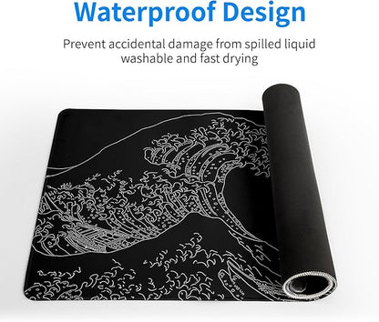 Japanese Sea Wave Large Mouse Pad Abstract Black Mouse Pad 31.5x11.8 Inch Black Kanagawa Texture Non-Slip Rubber Base Large Ocean Mousepad Stitched Edge Keyboard Mouse Mat Desk Pad for Office and Home