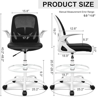 Primy Ergonomic Drafting Chair with Flip-up Armrests Tall Office Chair for Standing Desk Comfortable Desk Chair with Adjustable Footrest Ring and Lumbar Support in Gray Perfect for Home (White)