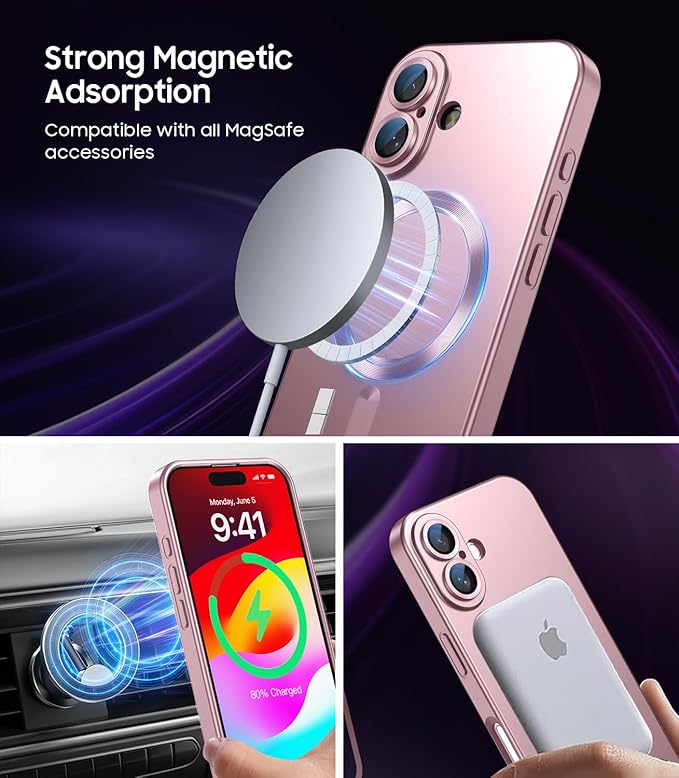 Magnetic for iPhone 16 Case [Compatible with MagSafe][Built-in Camera Lens Protector] Slim Soft Silicone Bumper Shockproof Metallic Luster Phone Case (Rose Gold)