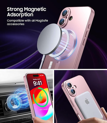 Magnetic for iPhone 16 Case [Compatible with MagSafe][Built-in Camera Lens Protector] Slim Soft Silicone Bumper Shockproof Metallic Luster Phone Case (Rose Gold)