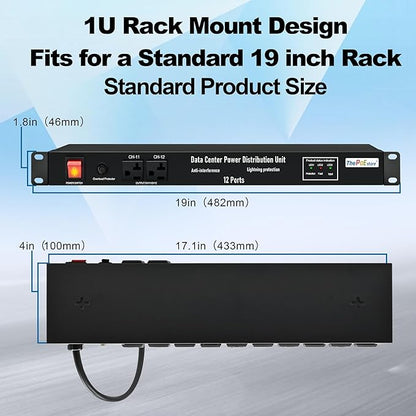 1U PDU Network Servers Surge Protector Power Distribution Unit 12-Outlet, 120V 20A, 3600 Joules 10KA,19″ Rack Mount Power Strip,Heavy-Duty 12AWG 16 ft Cord,w/AC Filter, ETL Listed, by ThePoEstore