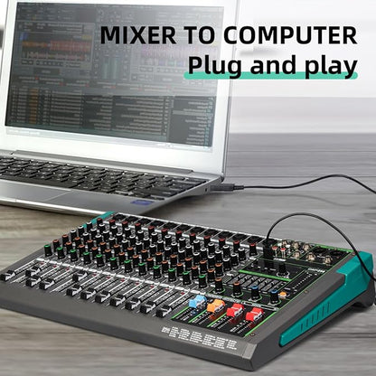 Depusheng PA12 Professional Audio Mixer Sound Board Console Desk System Interface 12 Channel Digital USB Bluetooth MP3 Computer Input 48V Phantom Power Built-in 256 Reverb Effect, Black