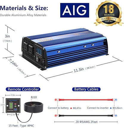Power Inverter 1100 watt 12V DC to 110V 120V AC 1000w Inverter with LCD Display Remote Control 2AC Outlets Dual 2.4A USB Ports Compatible with Lithium Battery for Car RV Truck Boat by VOLTWORKS