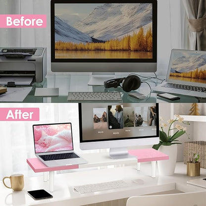 Dual-Monitor-Stand-Riser-For-Desk Adjustable Length 32-40 Inch，Large Desktop Computer Monitor Riser For 2 Screens，Desk Shelf Organizer Riser Stand For Computer/Laptop/PC/Printer/TV