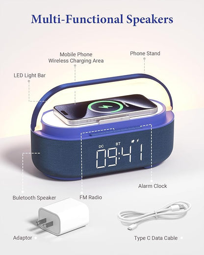 COLSUR 6-in-1 Bluetooth Speaker Alarm Clock with 15W Wireless Charger, FM Radio, Adjustable LED Night Light, 2500mAh Battery, Snooze Function – for Bedroom, Home, Office
