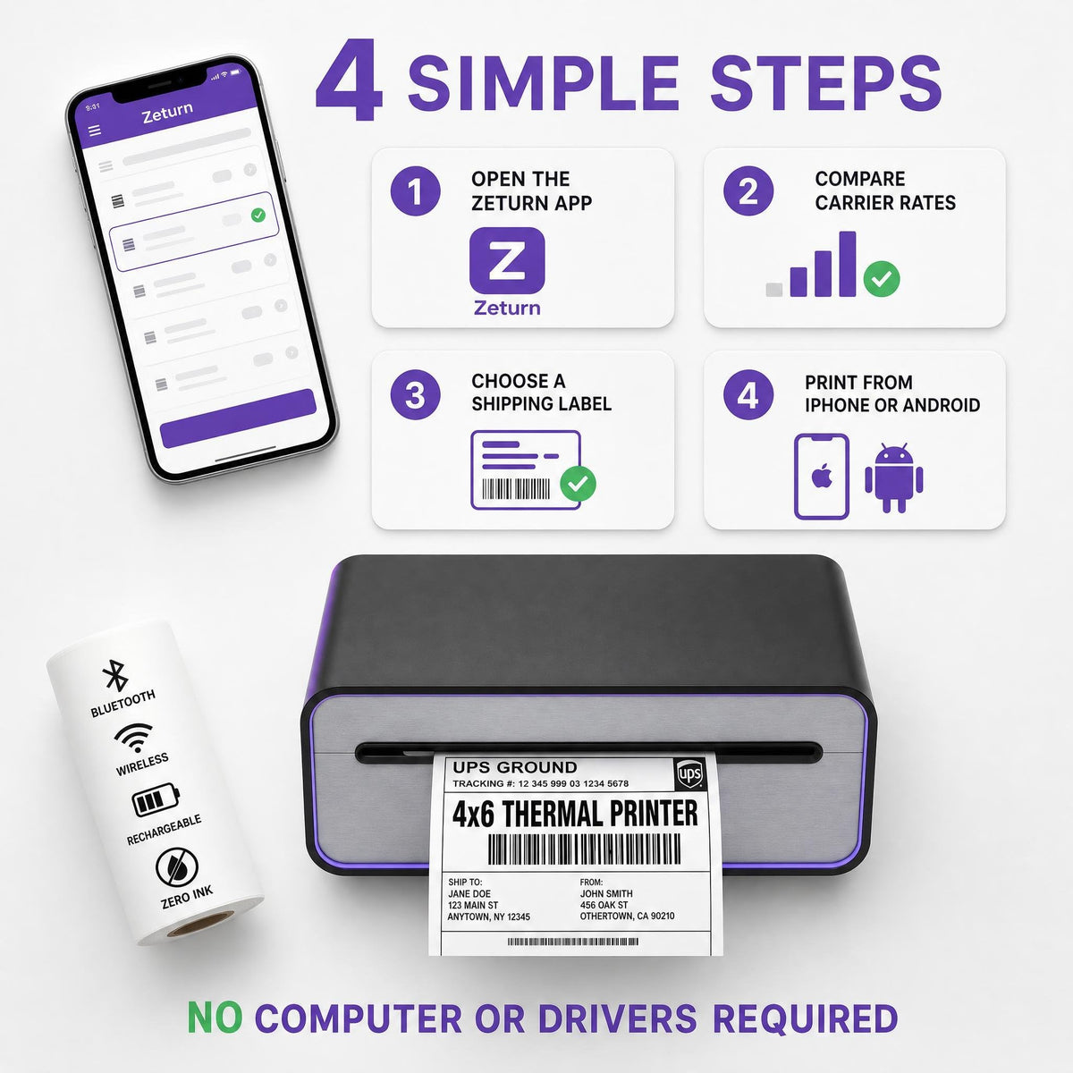 Zeturn 4x6 Thermal Shipping Label Printer, Bluetooth Wireless