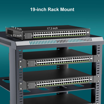 48-Port Gigabit PoE Switch Unmanaged with 2X 1000Mbps Uplink SFP Port, VIMIN 50-Port PoE Ethernet Switch Support IEEE802.3af/at, 400W Power, 100Gbps Switch Capacity，Plug and Play, Rack-Mount