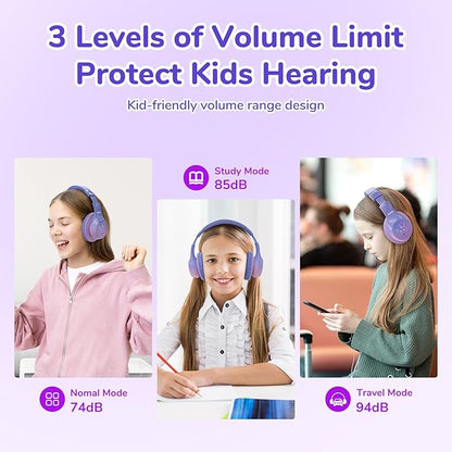 EarFun K4 Kids Bluetooth Headphones, Wireless Headphones with LED Lights, 74/85/94dBA Volume Limited, Built-in Mic, 90H Playtime, Bluetooth 5.4 Over Ear Headphone for iPad/Tablet/School, Violet