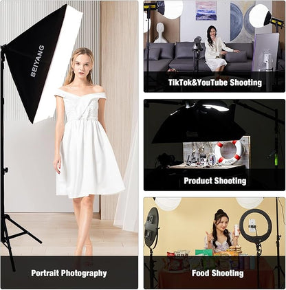 BEIYANG Softbox Lighting Kit, 2x20''x28'' Photography Soft Box with 2 pcs 85W 6000K E27 LED Socket LED Bulbs, Studio Lights for Photography/Video Recording/Live Streaming