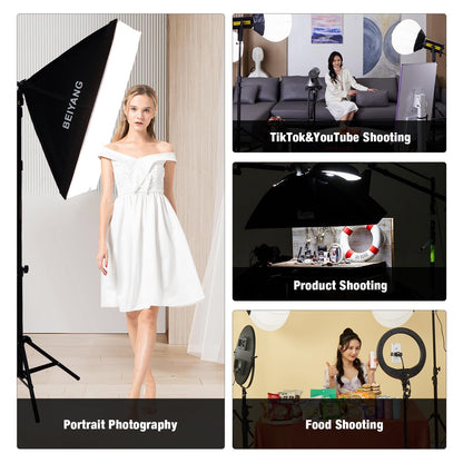 BEIYANG Softbox Lighting Kit, 2x20''x28'' Photography Soft Box with 2 pcs 6000K E27 LED Socket LED Bulbs, Studio Lights for Photography/Video Recording/Live Streaming