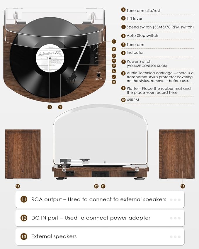 Retrolife Vinyl Record Player with External Speakers AT-3600L Cartridge