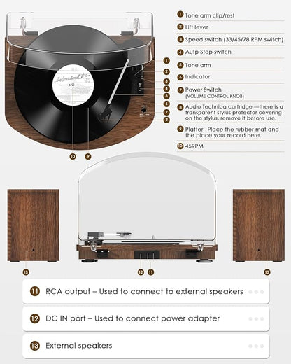 Retrolife Vinyl Record Player with External Speakers AT-3600L Cartridge