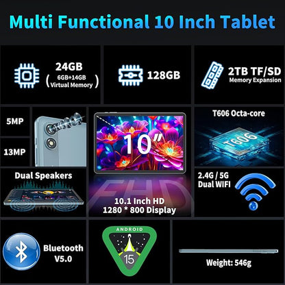 2025 Android 15 Tablet with Keyboard, 24GB+128GB+2TB Expand, 10.1 Inch Octa-Core 2-in-1 Tablets with 5G/2.4G WiFi, 8000mAh, BT5.0, GMS Certified, with Mouse, Case, Stylus, Split Screen(Pink)