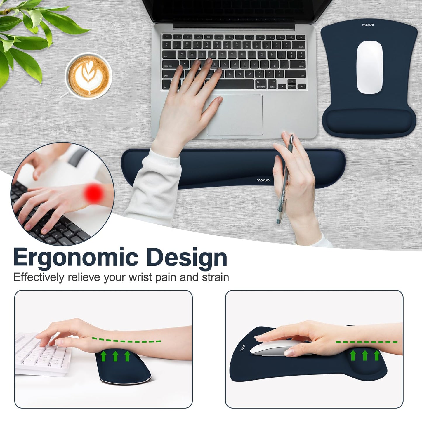 MOSISO Wrist Rest Support for Mouse Pad & Keyboard Set, Ergonomic Mousepad Non-Slip Base Home/Office Pain Relief & Easy Typing Cushion with Neoprene Cloth & Raised Memory Foam, Haze Blue