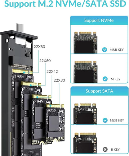 PHIXERO 10Gbps SSD Enclosure, Tool-Free and Wireless. Compactible with NVME/SATA SSD Size 2230/2242/2260/2280