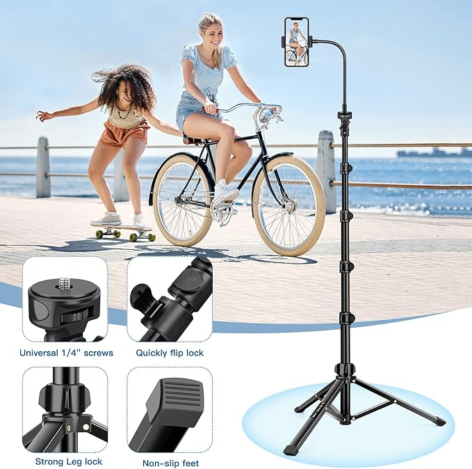 Phone Tripod Stand, 85" Tall Cellphone Tripod for iPhone with Gooseneck Remote, Flexible Portable Phone Stand for Recording, Compatible with iPhone 14 13 12 pro Android Camera