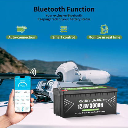OKMO 12V 300Ah LiFePO4 Lithium Battery With Bluetooth Built-in 150A BMS Low-Temp Protection for RV, Solar/Off-Grid Applications, Home Energy Storage, Marine