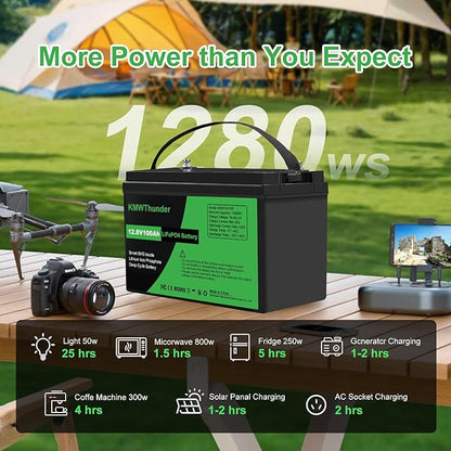 12V 100Ah LiFePO4 Lithium Battery, Built-in Smart BMS, Low Temperature Protection Group Deep Cycle Battery for Trolling Motor, RV, Solar, Marine, Camping and Off Grid Applications