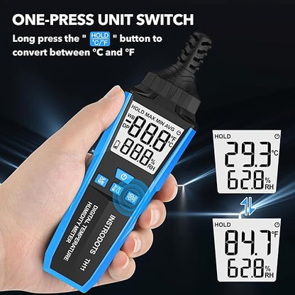 Temperature Humidity Meter, High Precision Digital Hygrometer with Ambient, Dew Point, Wet Bulb Temperature for Indoor Outdoor, Thermometer with Min/Max, Data Hold, LCD Backlight, TH11