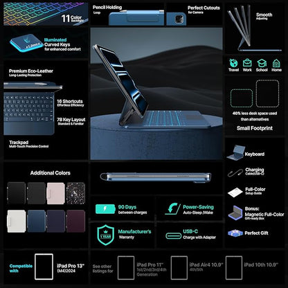 typecase Keyboard Case for iPad Pro 13-inch (M4)2024,Magic Keyboard with 11 Colors Backlight for iPad Pro 13,Keyboard Case with Pencil Holder,Multi-Touch Trackpad,Easy-Set Magnetic Stand(Pacific Blue)