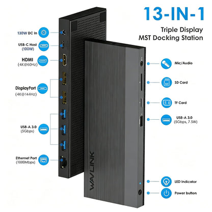 WAVLINK Laptop Docking Station, Dual DisplayPort,HDMI, Single 4K@144Hz