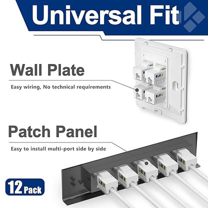 Cat6 Keystone Jacks 12-Pack, RJ45 Keystone Jack 90 Degree Punch Down, Ethernet Jack for Cat6, Cat5e, Cat5 Cabling, Slim Profile in White