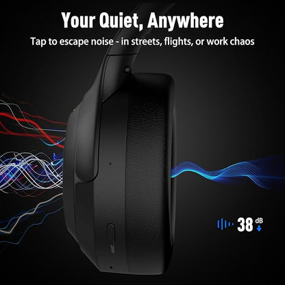 Riwbox Hybrid Active Noise Cancelling Headphones, Wireless Bluetooth Headset Over Ear, 60H Playtime, High-Fidelity, Foldable, Comfort&Immersion for Work/Commuting (Black)