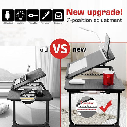CloudTrip Plus XL Adjustable Laptop Desk with Light, USB Port, iPad Holder, Drawer Storage - Larger 23.6IN Adjustable Lap Desk for Bed, Home Office, Breakfast Tray, Fordable Legs Desk (Black)