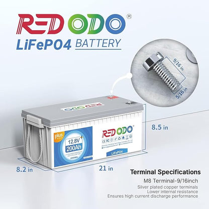 Redodo 12V 200Ah PLUS Lithium LiFePO4 Battery, Max 2560W Power Output, 200A BMS Protection, 4000-15000 Deep Cycles,Perfect for Home Applications, RV, Marine, Scooter, Solar Panel Chargeable
