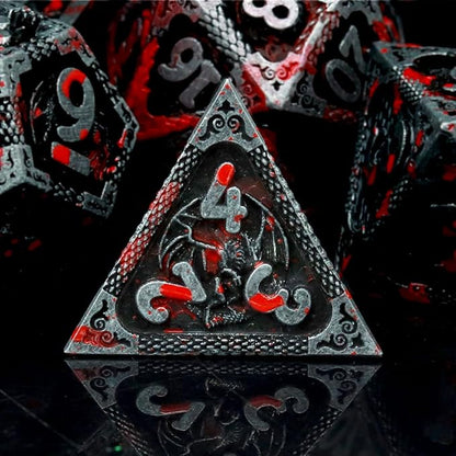 Haxtec Bloodstained Metal DND Dice Set Antique Iron Blood D&D Dice Set Dragon Scale with Leather Dice Bag Bloodsplattered Metal Polyhedral Dice Compatible with Dungeons and Dragons TTRPG Gifts