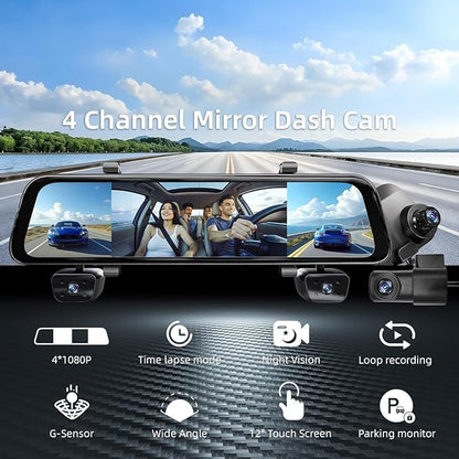 2025 Rear View Mirror Camera,4 Channel Mirror Dash cam Front and Rear 24/7 Recording,12" Touch Screen Dash Camera for car Trucks,Built-in WiFi,GPS,IR Night Vision,Free 128GB SD Card