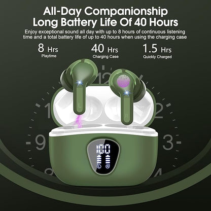 Wireless Earbuds, Bluetooth 5.4 Headphones HiFi Stereo, Bluetooth Earbuds with ENC Noise Cancelling Mic, IP7 Waterproof in Ear Earphones, 48H, LED Display Ear buds for Pad Workout Sports, Retro Green