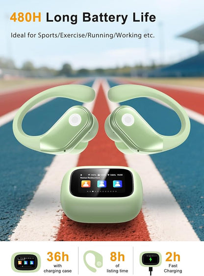 Wireless Earbuds, ANC Noise Cancelling Sport Ear Buds with Multifunctional Touch Screen, Bluetooth 5.4 Headphones, Bass Stereo Sound, 5 EQ Over The Ear Earbuds for Sports/Workout/Gym-Green
