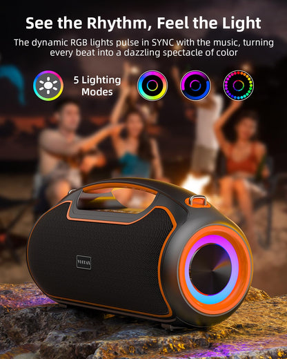 Upgrade Portable Bluetooth Speakers Wireless, 200W PEAK Loud Outdoor Speaker with Deep Bass, IP65 Waterproof, BT5.4, USB-C, RGB Lights, for Party, Camping, Beach, Large Workshop, Garage, 24H Playtime
