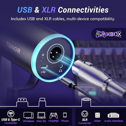 TONOR Dynamic Microphone, XLR/USB Microphone for Gaming, Streaming, XLR Cardioid Studio Mic with Quick Mute, Headphone Jack, Volume Control, Mic with RGB Lighting and Low Profile Boom Arm, TD520s+