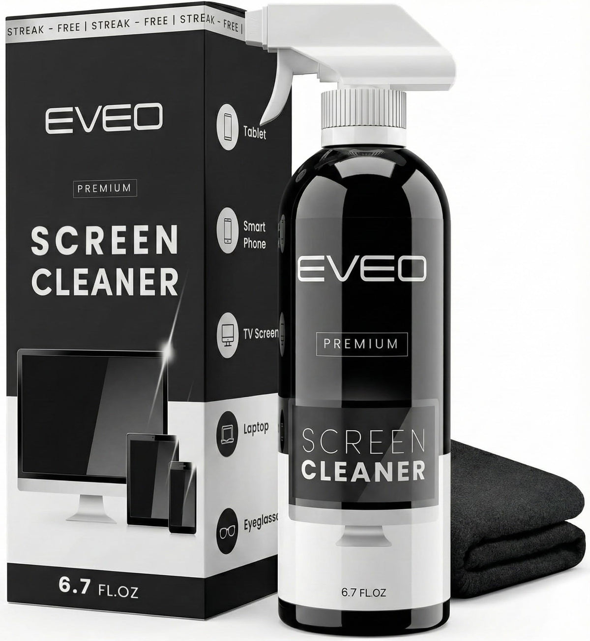 EVEO® Screen Cleaner Spray Kit (Streak-Free) TV Screen Cleaner for Smart TV, LCD, LED, OLED | Computer Screen Cleaner Spray and Wipe Microfiber Cloth - TV, Monitor, Laptop, iPad, Car - 6.7oz 2 Pack