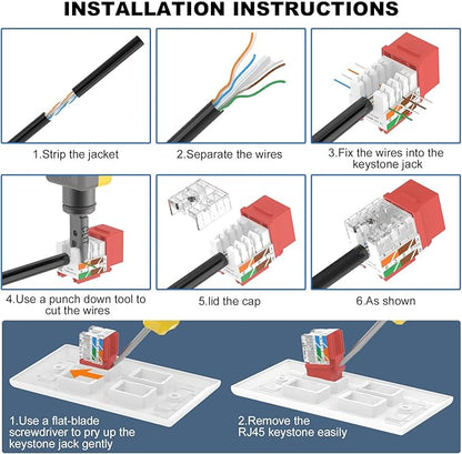 VCE UL Listed Cat6 RJ45 Keystone Jack Insert 25-Pack, 90 Degree Punch Down Keystone Jack Adapter Slim Profile Red