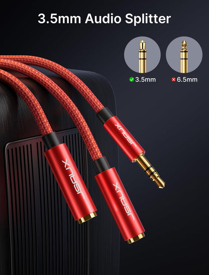 JSAUX Headphone Splitter for 2 Headphones, 3.5mm Splitter (No Mic), Red
