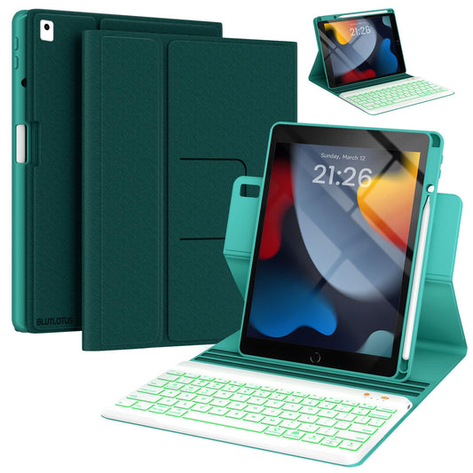 iPad 7th/8th/9th Generation Case with Keyboard 10.2-inch 2019/2020/2021, iPad Air 3rd/Pro 10.5-inch 2017 Compatible, 7 Color Backlit Keyboard BT/Wireless/Detachable with Pencil Holder (Mint Green)