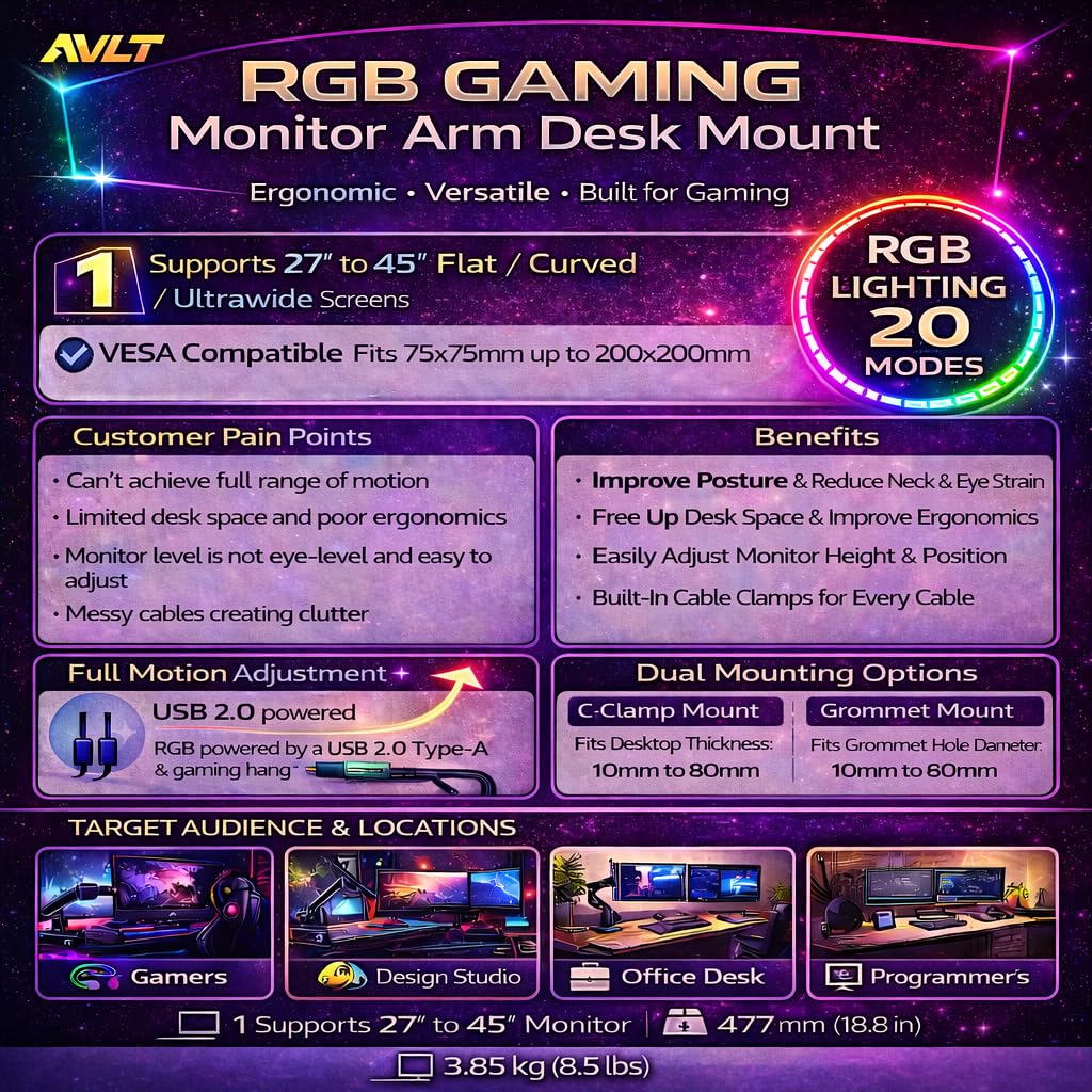 AVLT Single 27”-45” RGB Gaming Monitor Arm Desk Mount - Dark Gray