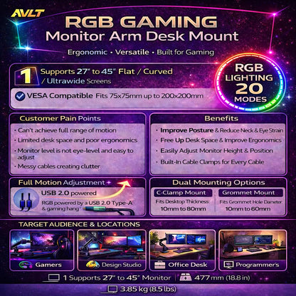 AVLT Single 27”-45” RGB Gaming Monitor Arm Desk Mount - Dark Gray