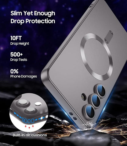 Magnetic for Samsung Galaxy S24 Plus Case [Compatible with MagSafe][Built-in Camera Lens Protector] Slim Soft Silicone Bumper Shockproof Metallic Luster Phone Case (Gray)