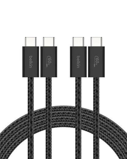 Belkin USB C to USB C Cable 2-Pack, 6.6ft, 60W - Type C Charger, iPhone Charger Cord, Soft, Braided, Flexible for iPhone 16, Galaxy S25, Pixel 9, Airpods, iPad Pro & More, Travel Essentials - Black